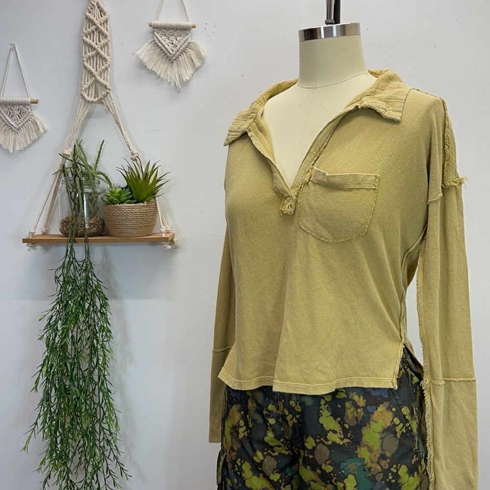 Free People L/S Mustard Top Collared V-Neck Cuffs - Picture 4 of 16